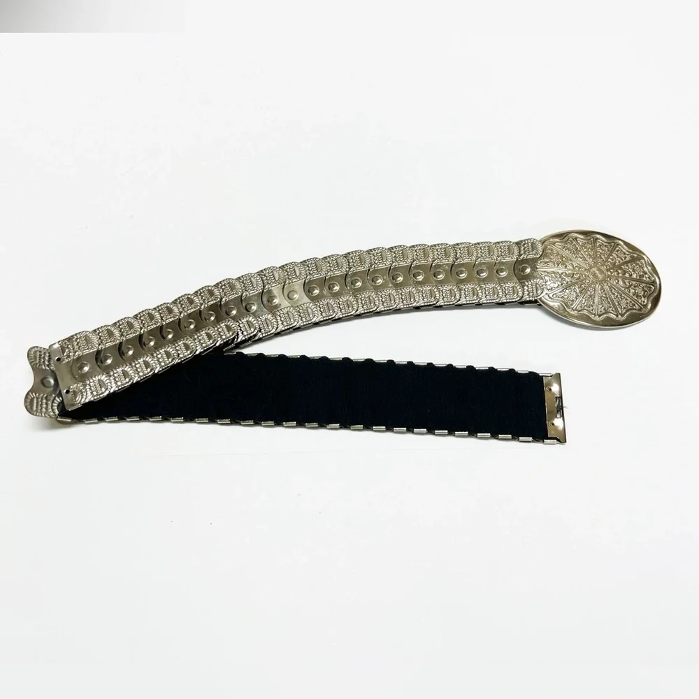 Vintage Glam Boho Silver Stretch Belt Medium Ornate Statement Waist Accessory